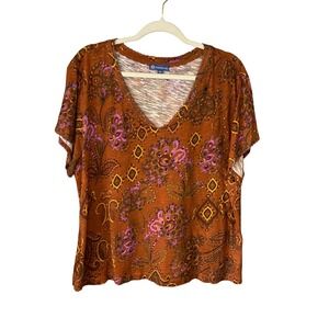 Democracy Womens Rust Purple Paisley Floral V-Neck Slub Knit Top XL